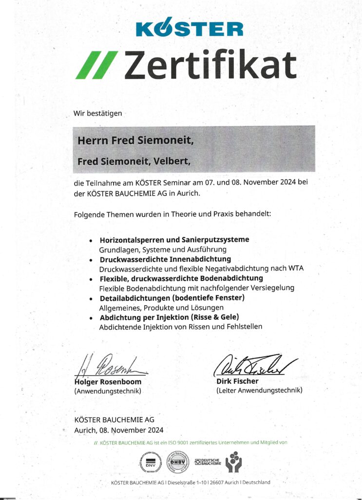 Nachträgliche Kellerinnenabdichtung gegen Bodenfeuchte, nichtdrückendes und drückendes Wasser • Betoninstandsetzung und Betonschutz • • Bodenbeschichtunger:, • Detailabdichtungen • lnjektionssysteme: Rissinjektion und Rissinstandsetzungssysteme